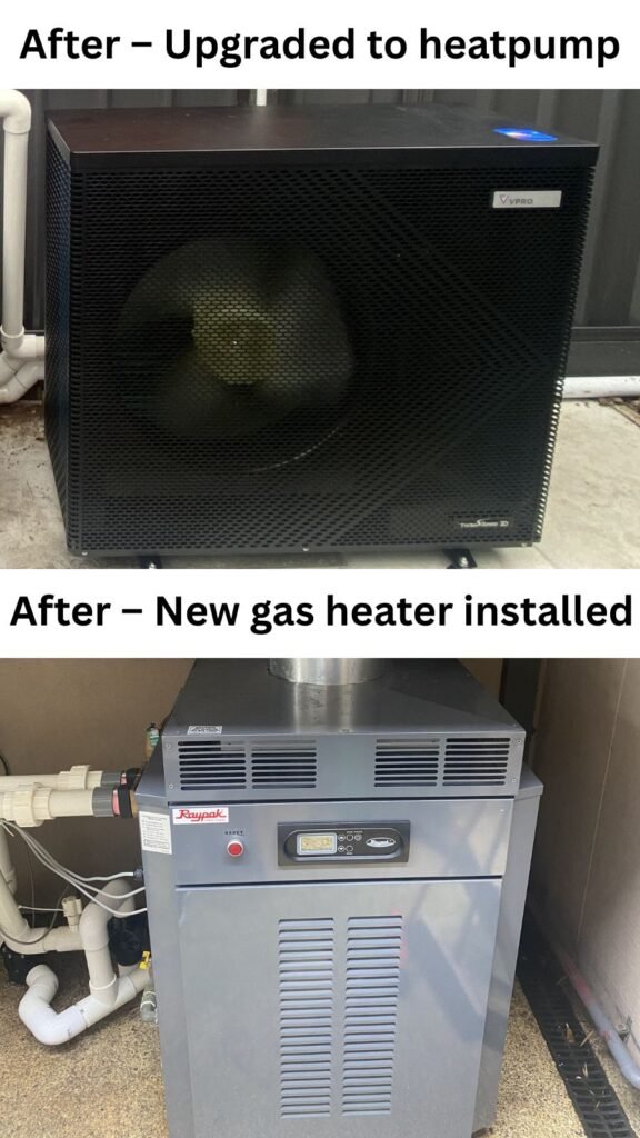 Pool gas heater outdoor upgraded to new heatpump and new indoor gas heater installed in Melbourne